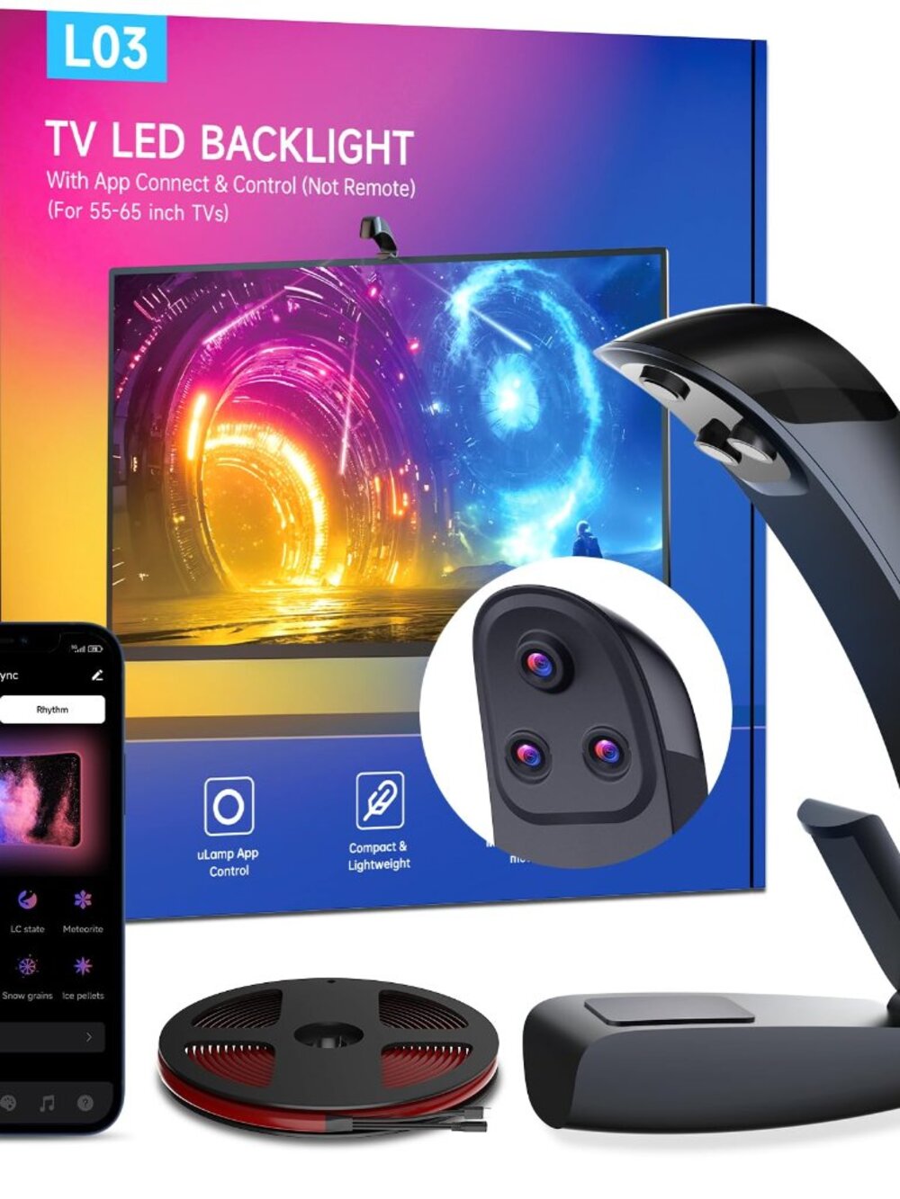 Triple Sensor RGB+IC TV LED Backlight Strip for 55-65 Inch Screens, Smart App Mu